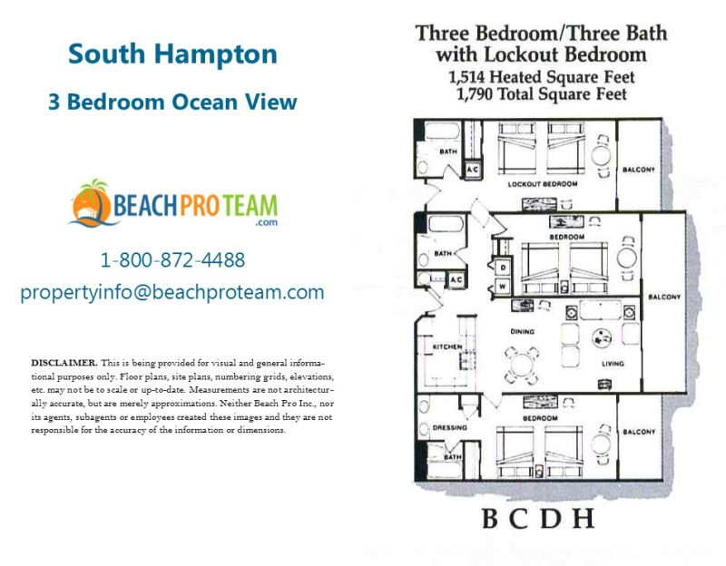 Kingston Plantation - South Hampton Floor Plan B, C , D & H - 3 Bedroom Ocean View